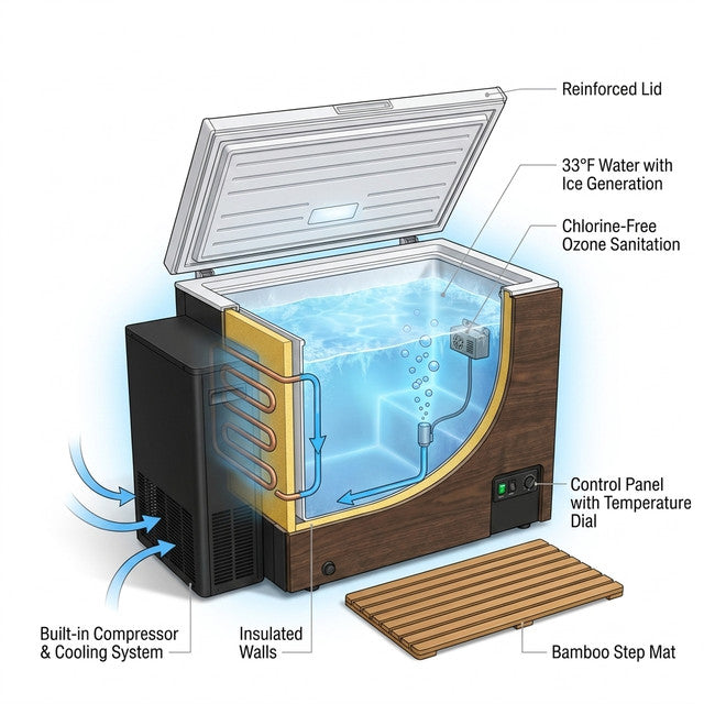 Cold Plunge Tub Engineered for Year-Round Recovery, Built-In Compressor, 33°F Cooling, Ozone Sanitation — How It Works