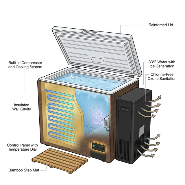 Cold Plunge Tub Built for Year-Round Recovery, 33°F Cooling, Built-In Compressor, Ozone Sanitation — How It Works